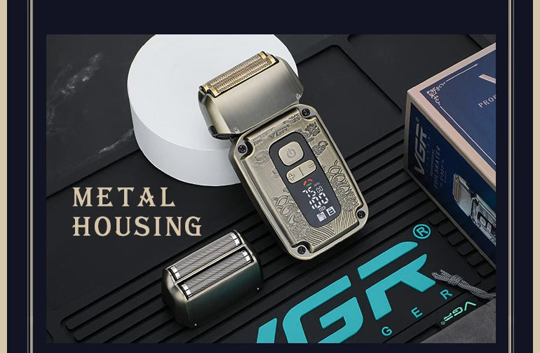 A metal housing electric hair trimmer set shown on a dark surface with packaging visible.