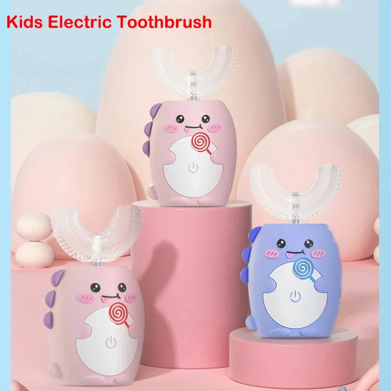 Pink and purple electric toothbrush for kids displayed on a pink stand with a silicone brush head.