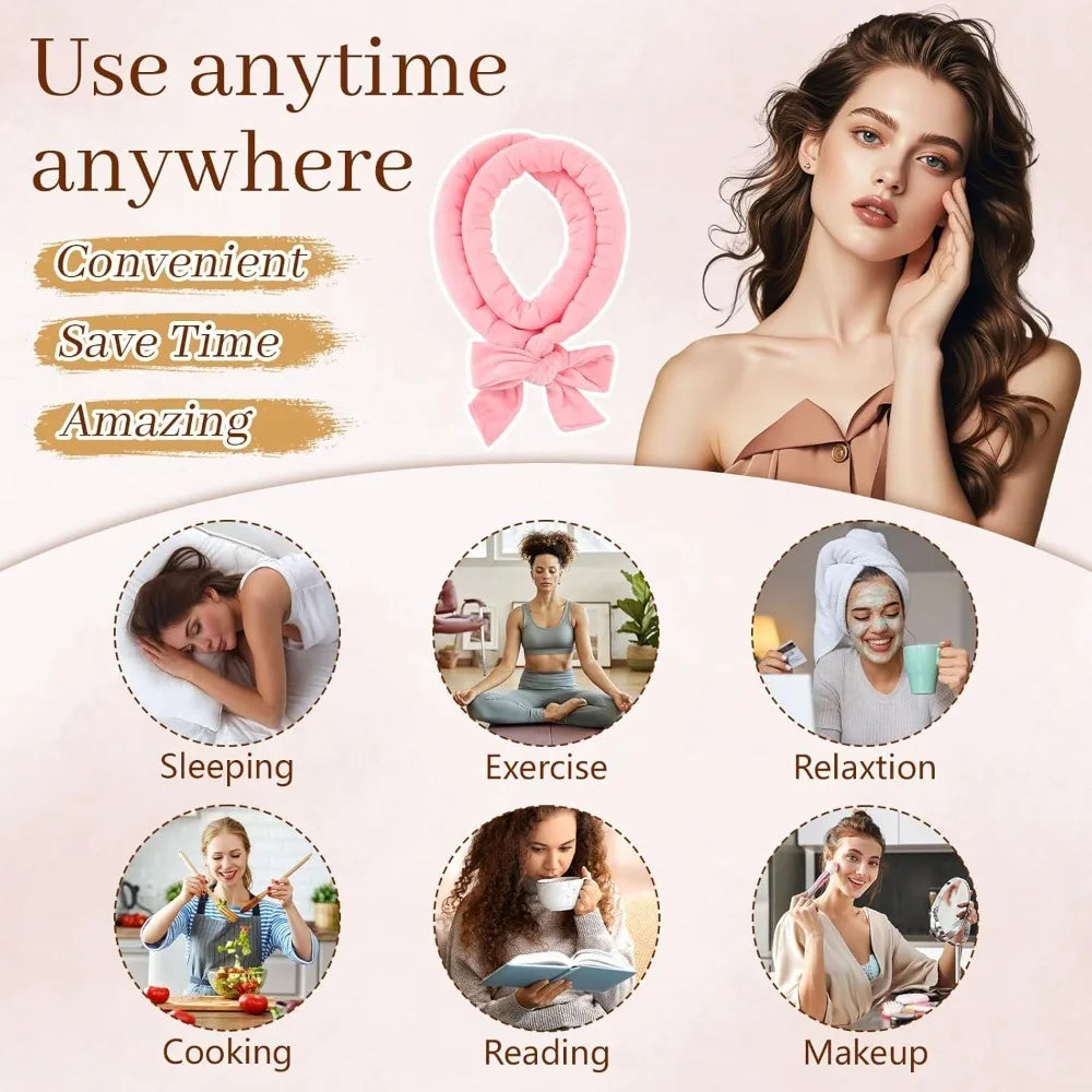A woman is shown using velvet heatless hair curlers for natural waves in various contexts like sleeping, exercise, cooking, r