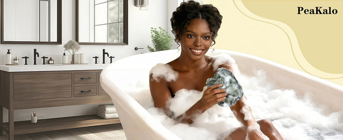 A woman is relaxing in a bathtub filled with foam, using an African net exfoliating loofah sponge.