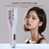 A woman is shown using an EMS face and body slimming roller massager with pink and white rollers.