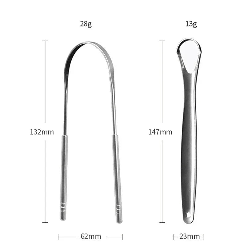 A stainless steel tongue scraper shown with its dimensions and a separate oval scraper.