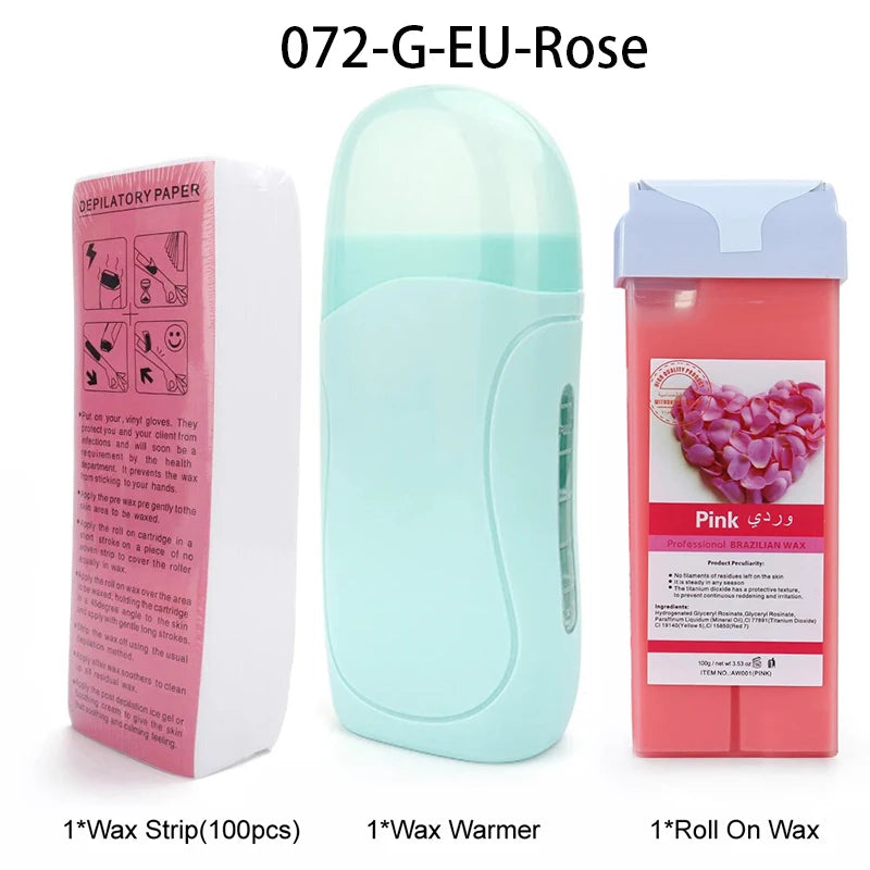 A set of pink depilatory wax strips and a light green wax warmer for professional waxing.