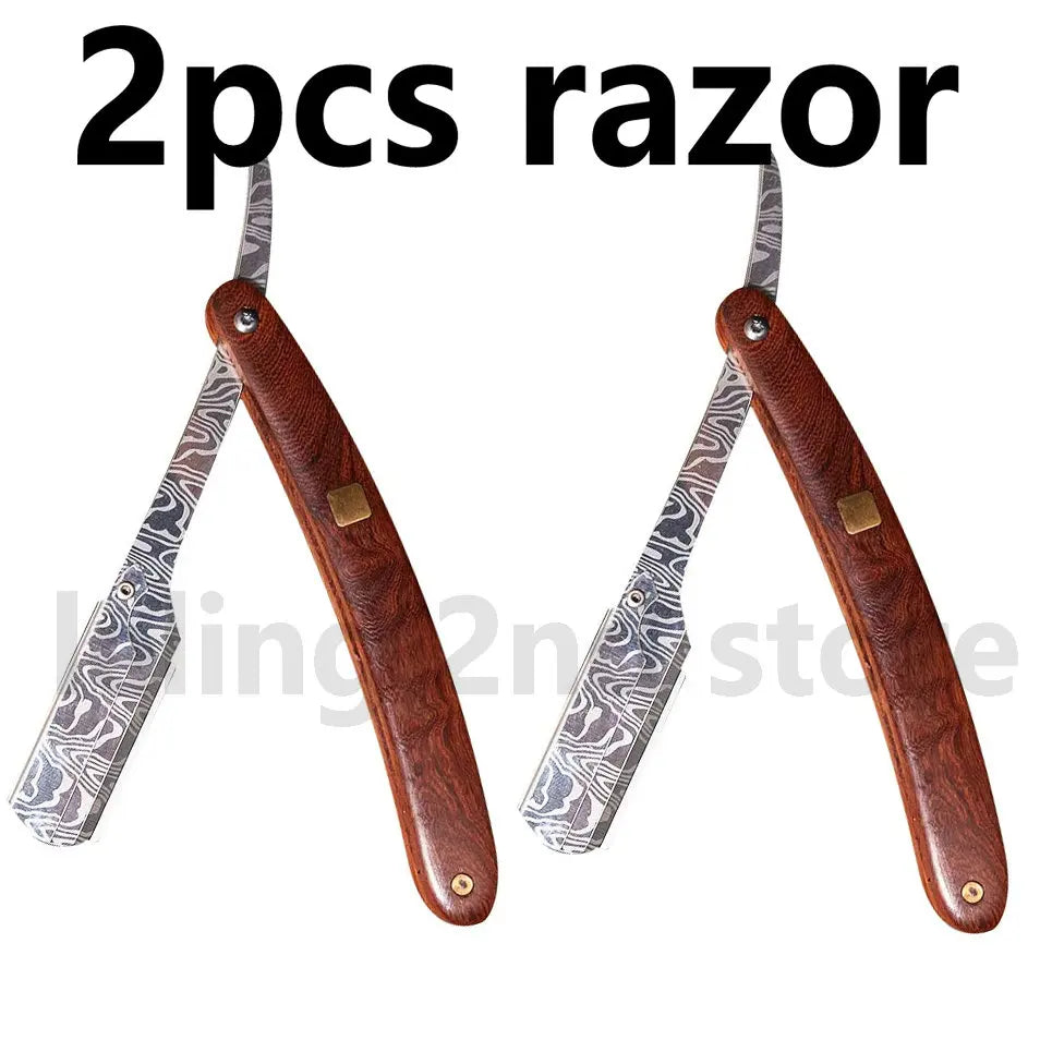 Two razor sets with wood handles and patterned leather slings.