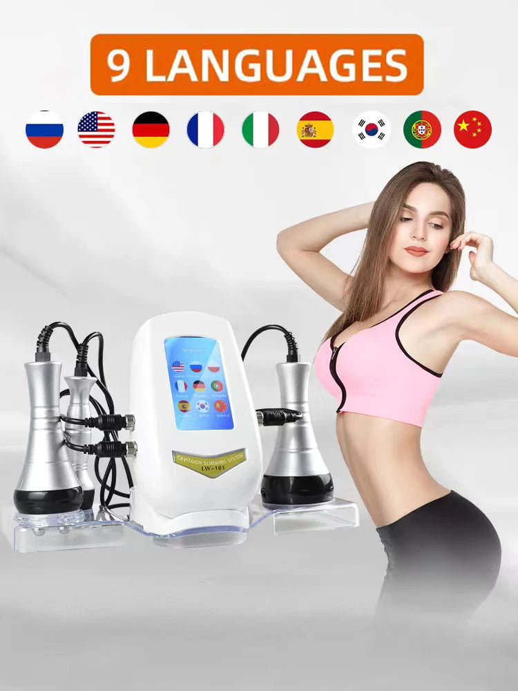 A woman demonstrates an ultrasonic body sculpting device with multiple language options displayed above.