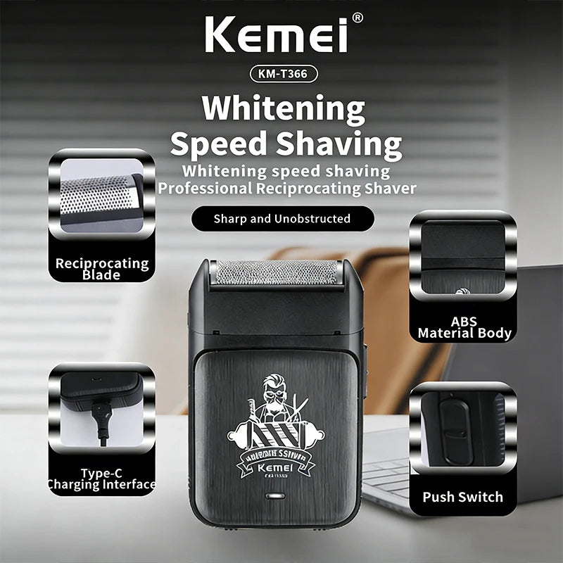 A black Kemei electric beard shaver with a push switch and Type-C charging interface shown on a white background.