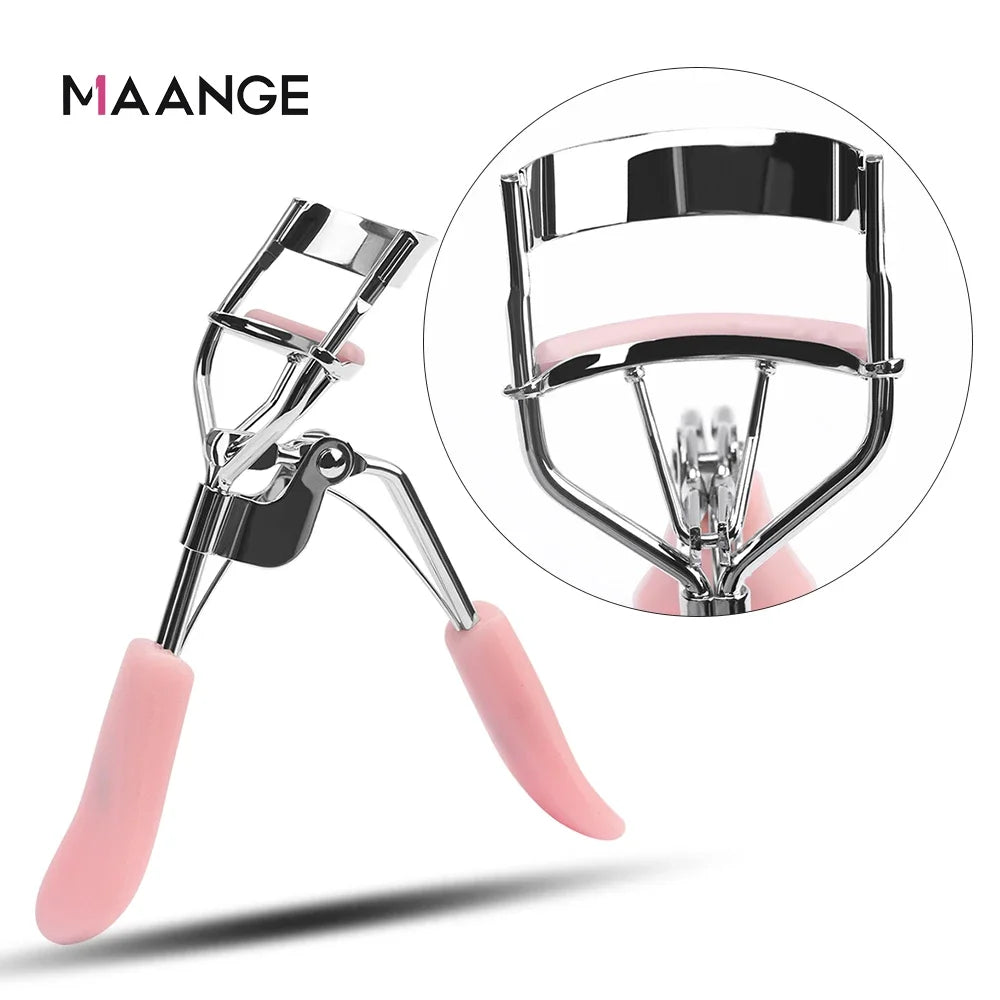 A silver makeup eyelash curler with pink silicone tips shown in a close-up view.
