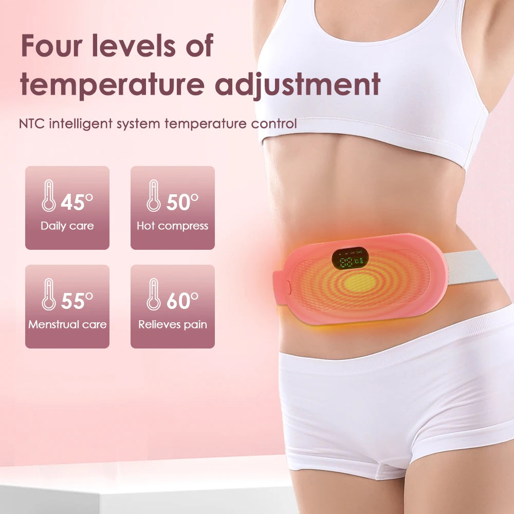 Eine Frau trägt einen rosa Menstruationswärmer um den Unterbauch, der vier Temperaturstufen bietet.