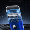 A blue electric beard shaver with a detachable design is shown against a dark, textured background.