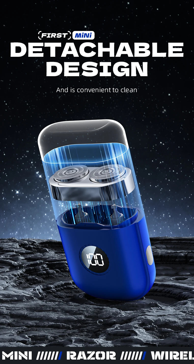 A blue electric beard shaver with a detachable design is shown against a dark, textured background.
