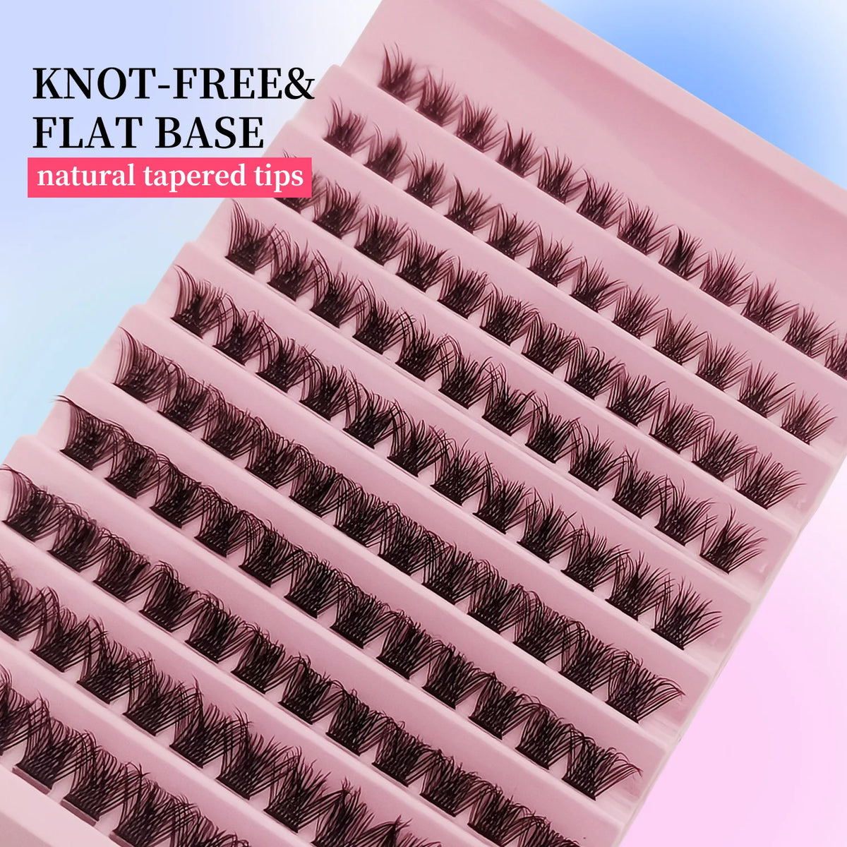 Pink eyelash curler with natural tapered tips showing various lash styles.