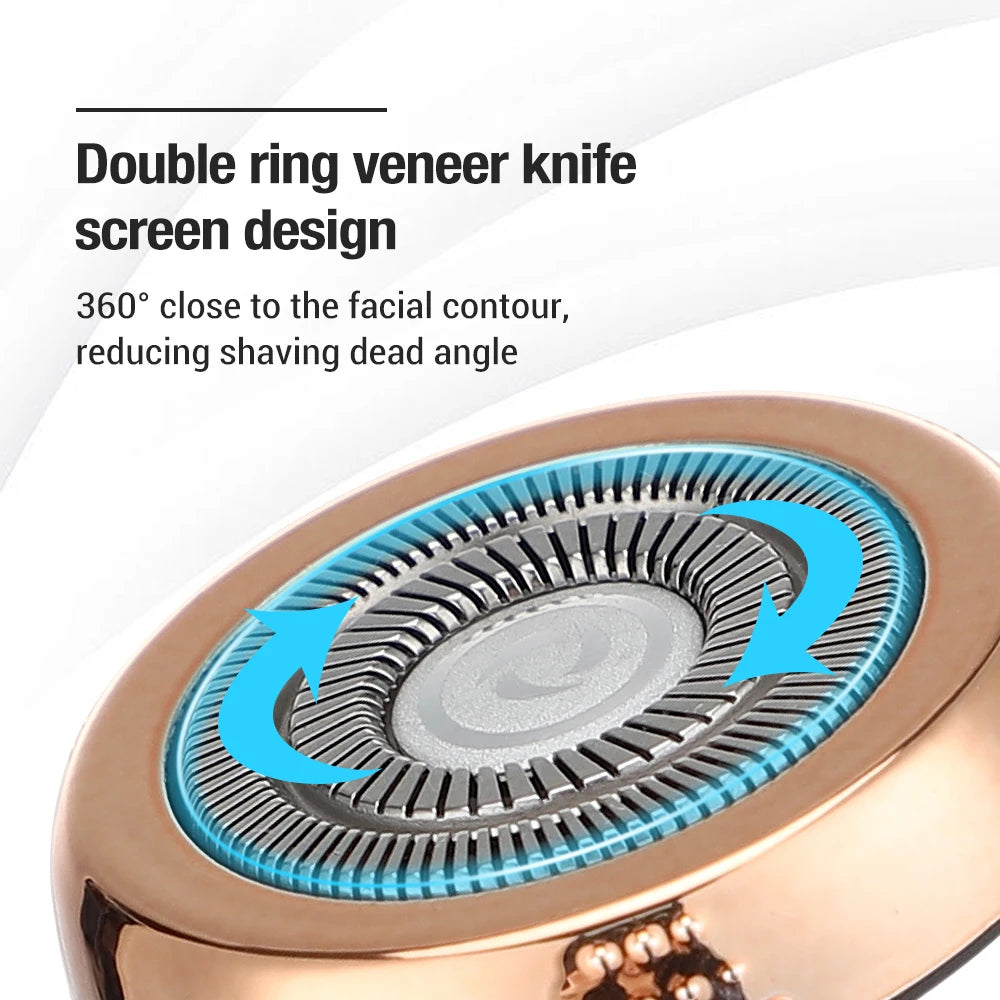 Close-up view of a bronze electric shaver head with a double ring veneer screen design.