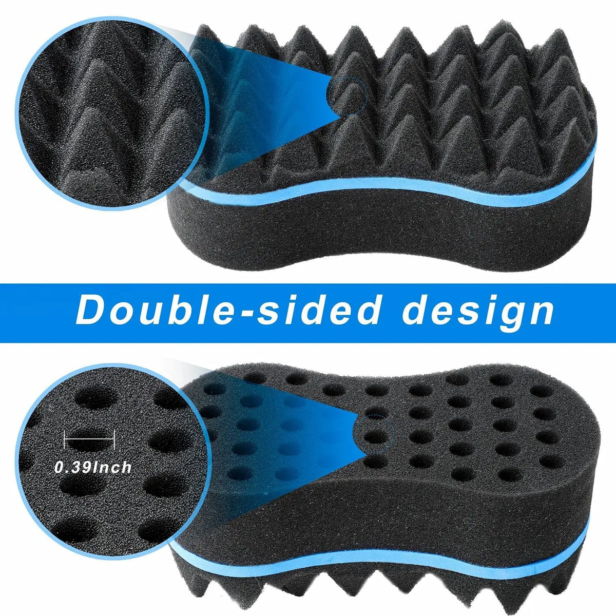 Black double-sided afro hair styling kit featuring a twist comb, curling sponge, and styling gloves.
