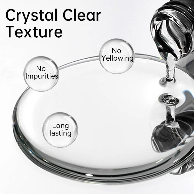 Flacon en verre transparent de vernis de renforcement des ongles avec texture cristalline et étiquettes indiquant l'absence d