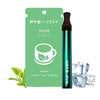 Grüner Karton für PYG Frucht-Sticks und eine dunkle Glasflasche mit dem Kräuterinhalator.