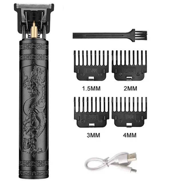 A set of professional wireless beard shaver trimmers with various blade sizes and a charging cable.