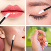 Close-up shots showing disposable lip wands applying gloss and lipstick to lips and eyelids.