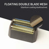 A close-up view of a floating double blade mesh shaver head with a titanium coating dualtracknet design.
