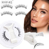 A woman applying magnetic mink false eyelashes on her eye, with the lash set and applicator visible.