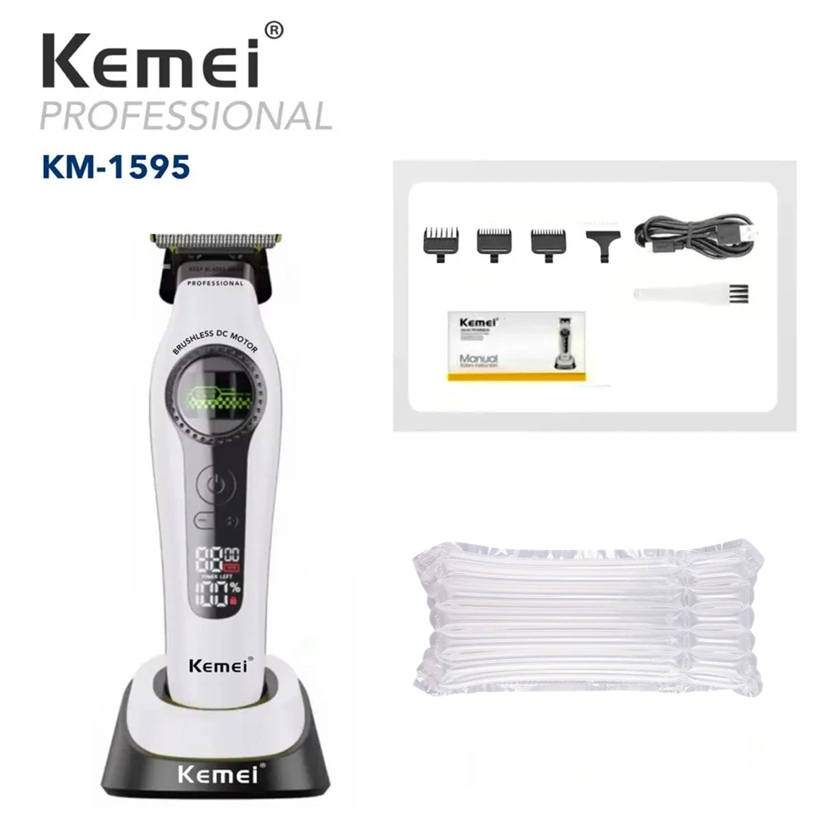 A white Kemei KM-1595 professional electric hair clipper with a black base and accessories.