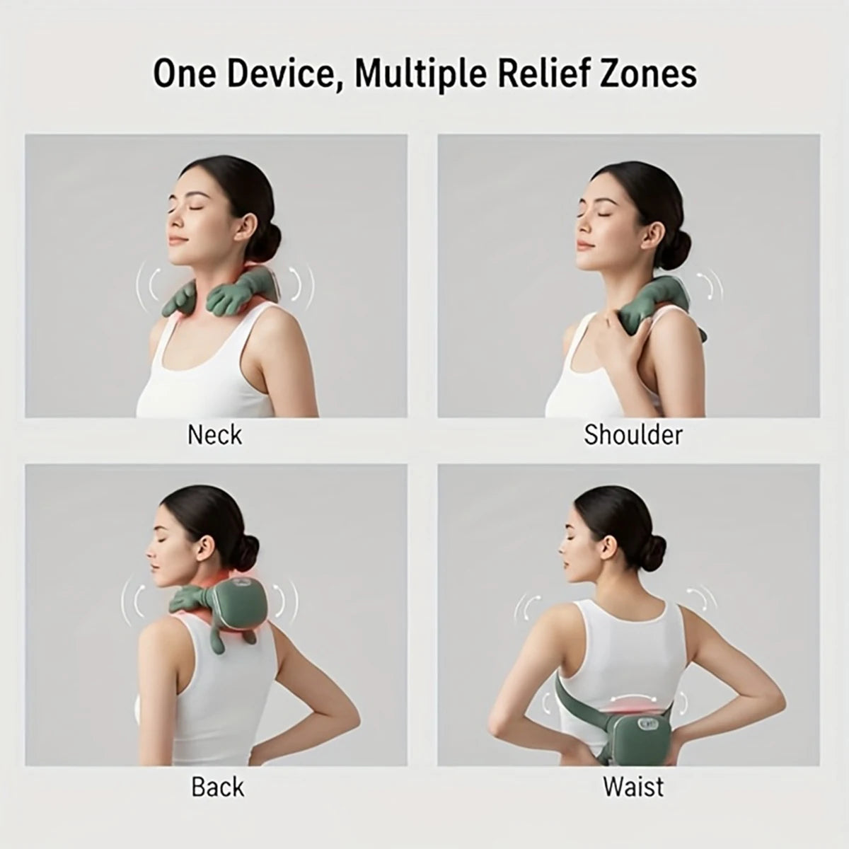 A 4D Bionic Massager device is shown being used on the neck, shoulder, back, and waist areas of a woman.