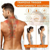 A person demonstrates a trapezius trigger point solution for neck and shoulder massage, showing before and after use.
