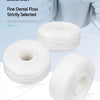 White dental floss spool shown next to a person using it for oral hygiene.