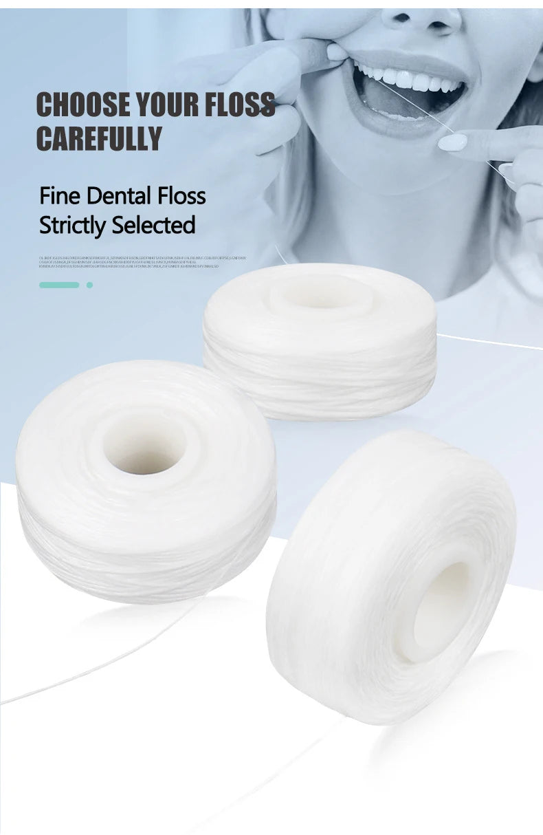 White dental floss spool shown next to a person using it for oral hygiene.
