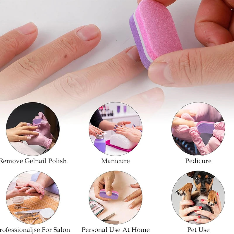 A set of pink and purple nail buffing blocks used for manicure, pedicure, and pet grooming.
