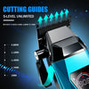 A close-up of a blue electric hair trimmer showing various cutting guides for 5 levels including 0.8mm to 2mm.