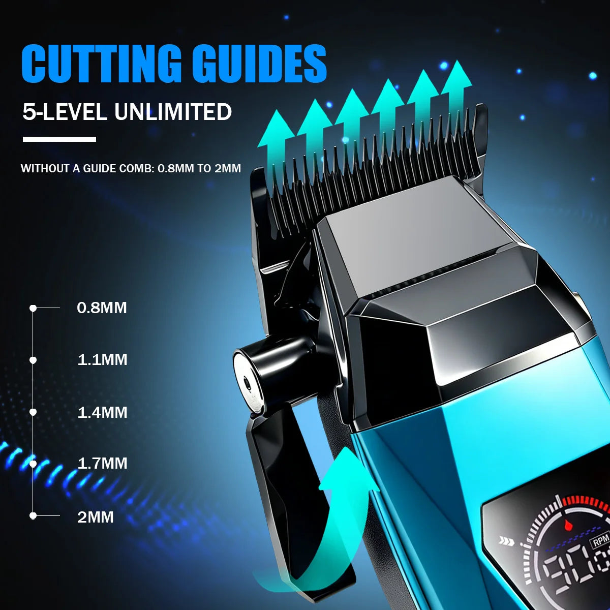 A close-up of a blue electric hair trimmer showing various cutting guides for 5 levels including 0.8mm to 2mm.