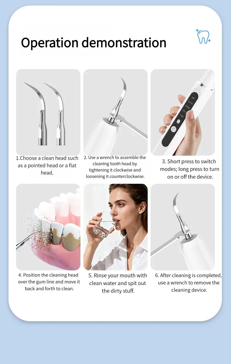 A six-step demonstration showing how to use an electric dental scaler for cleaning teeth.