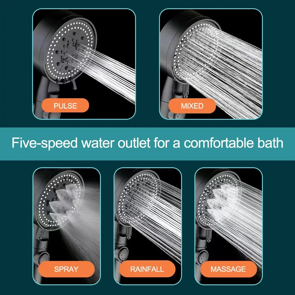 A collection of five-speed water outlets for a comfortable bath, including pulse, mixed, spray, rainfall, and massage modes.