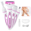 A white and pink 2-in-1 rotary body and facial hair remover device with attachments and a charging cable.