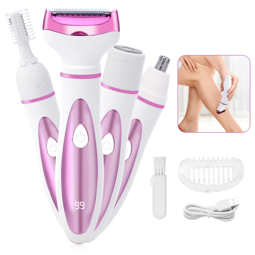 A white and pink 2-in-1 rotary body and facial hair remover device with attachments and a charging cable.