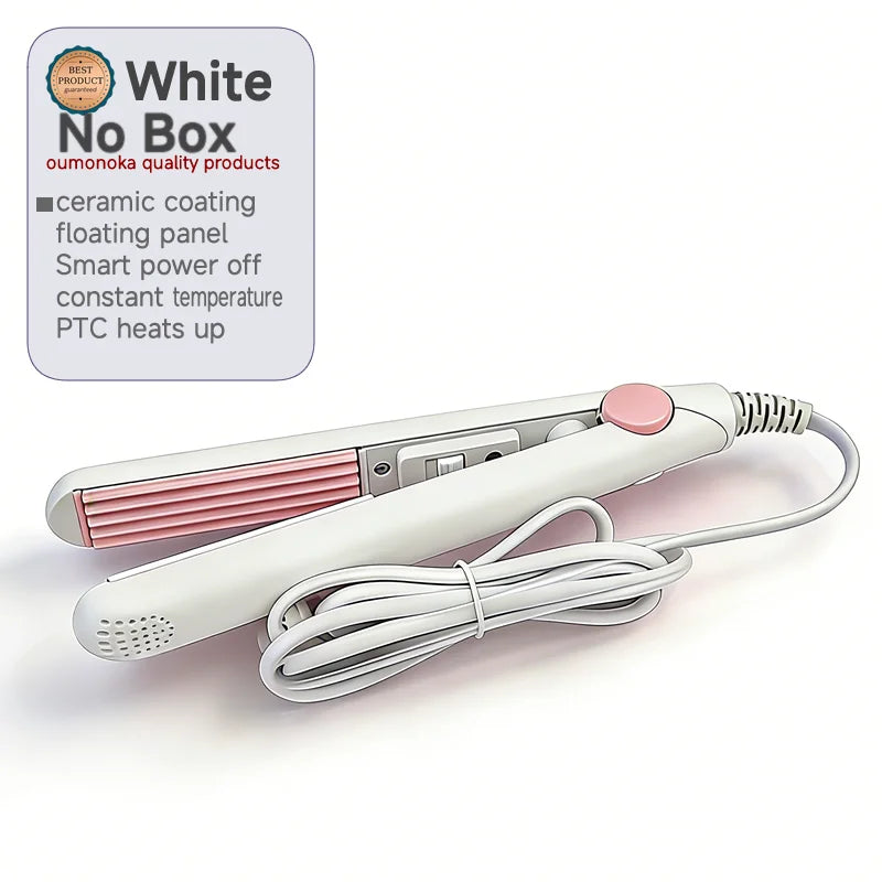 A white ceramic hair curler and straightener with a cord is shown next to product information.
