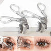 A set of clear dual eyelash curlers and combs shown with close-up shots demonstrating their use on eyelashes.