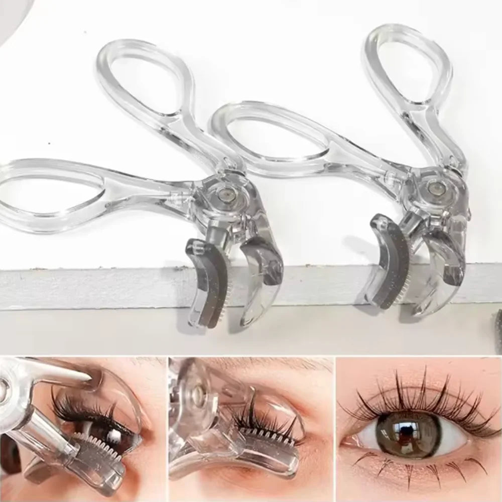 A set of clear dual eyelash curlers and combs shown with close-up shots demonstrating their use on eyelashes.