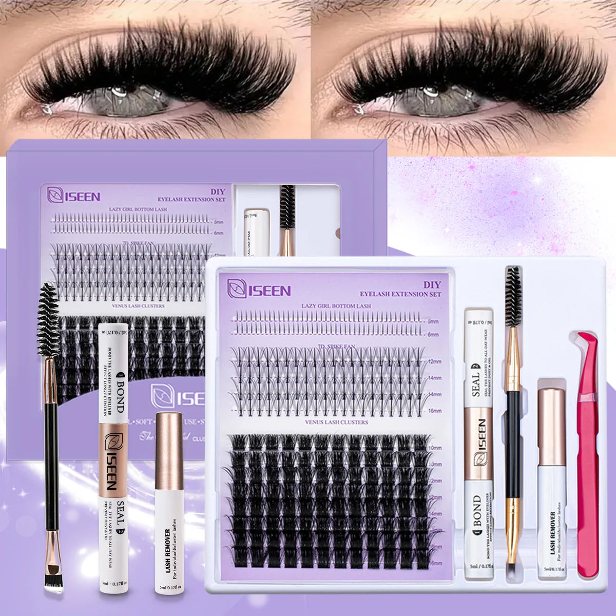 DIY eyelash extension set featuring false lash clusters and tools for applying soft volume lashes