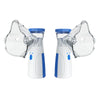 A white and blue handheld medical nebulizer device shown from the top view.