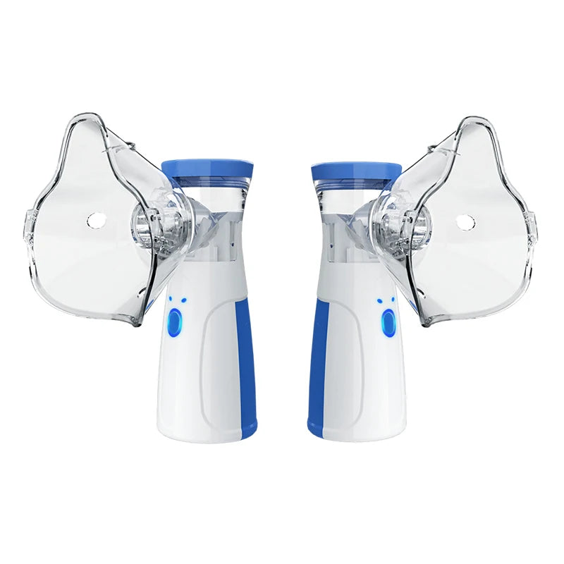 A white portable silent mesh nebulizer with clear plastic components is shown from the top view.