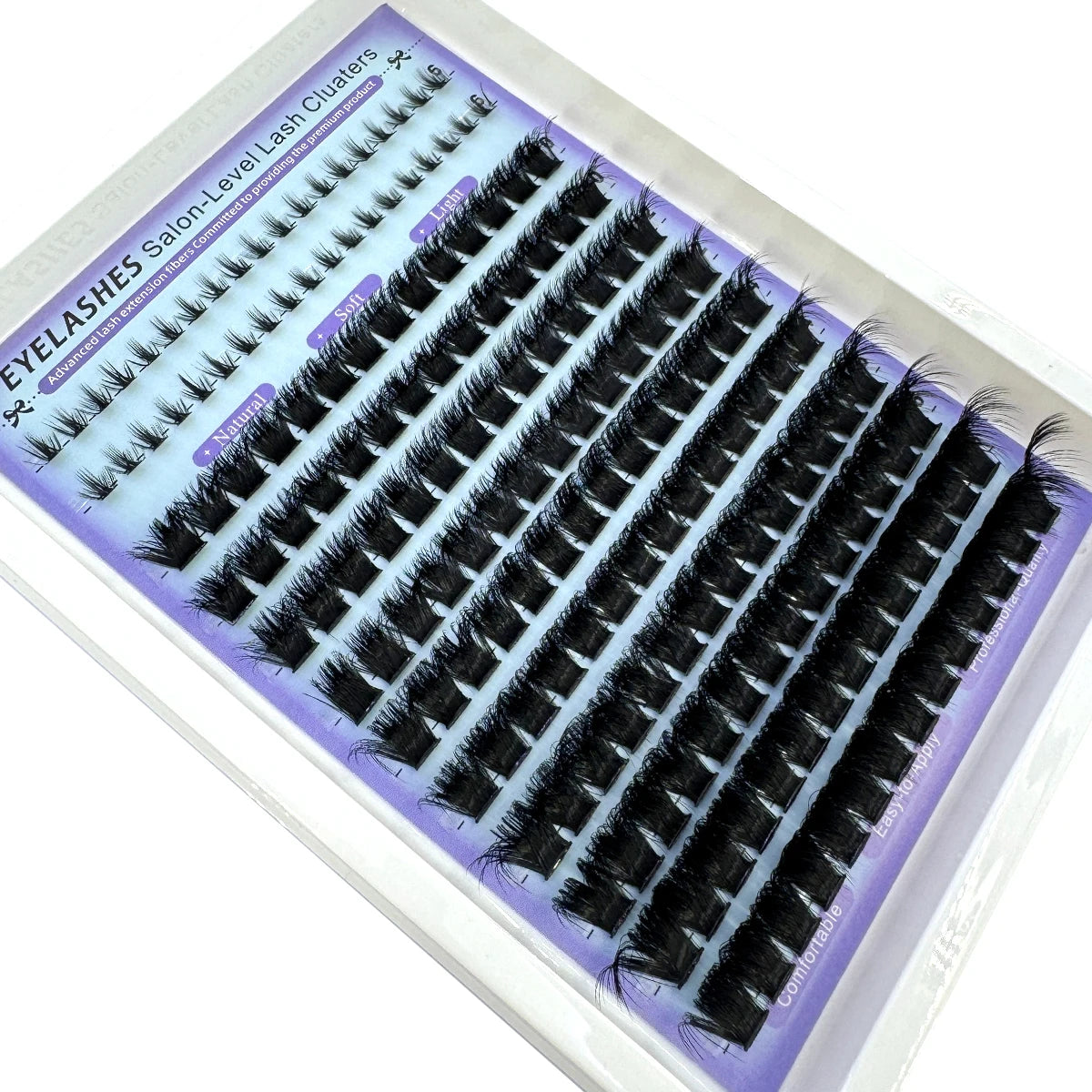 Un paquet de clusters de cils pointus DIY pour extensions de cils, montrant divers styles naturels et relevés.
