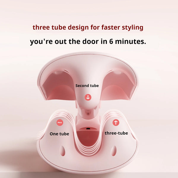 A pink professional beach waver curling iron device showing three tube designs for faster styling.