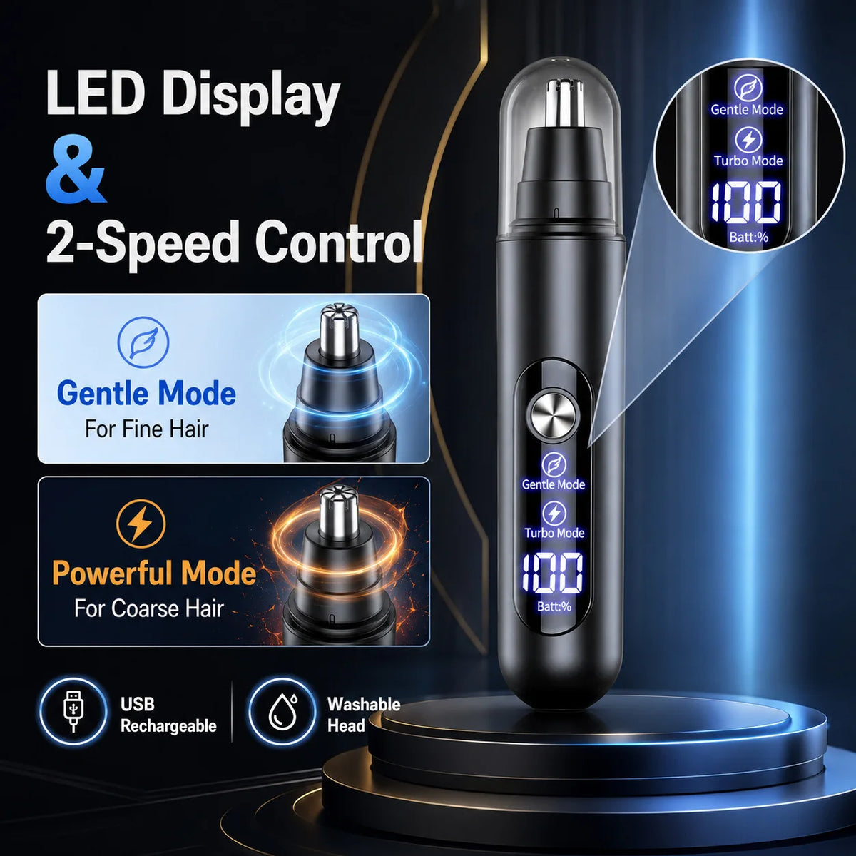A black portable electric hair trimmer with an LED display and 2-speed control options for fine or coarse hair.