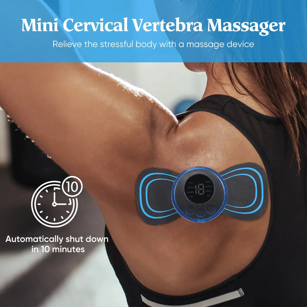 A person is using a Mini Cervical Vertebra Massager device on their shoulder.