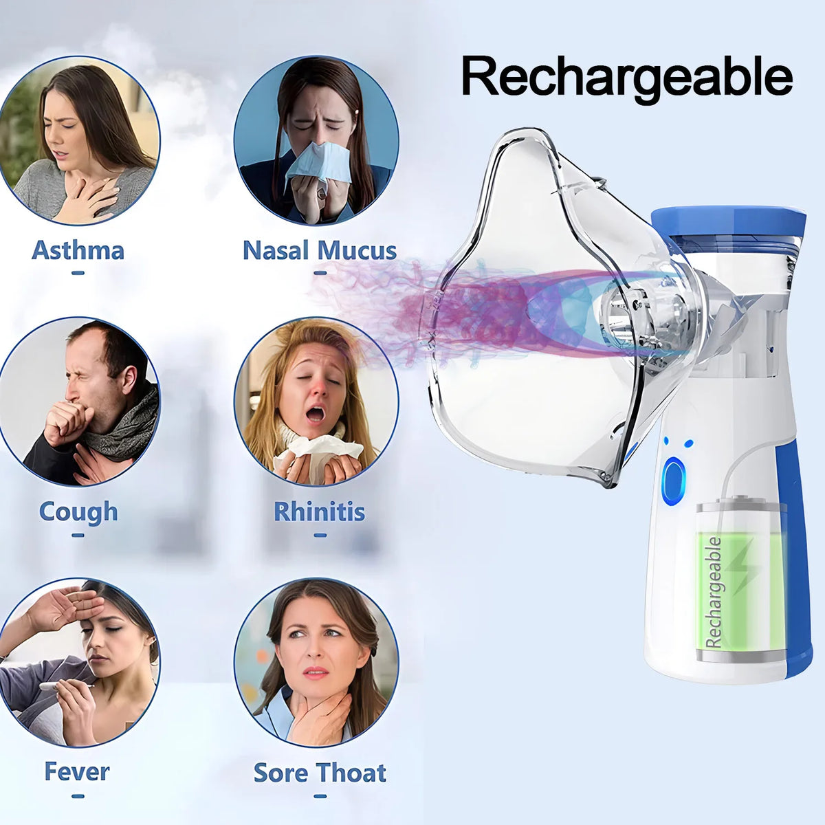 A clear, rechargeable portable nebulizer inhaler device shown next to various respiratory conditions like asthma, cough, feve
