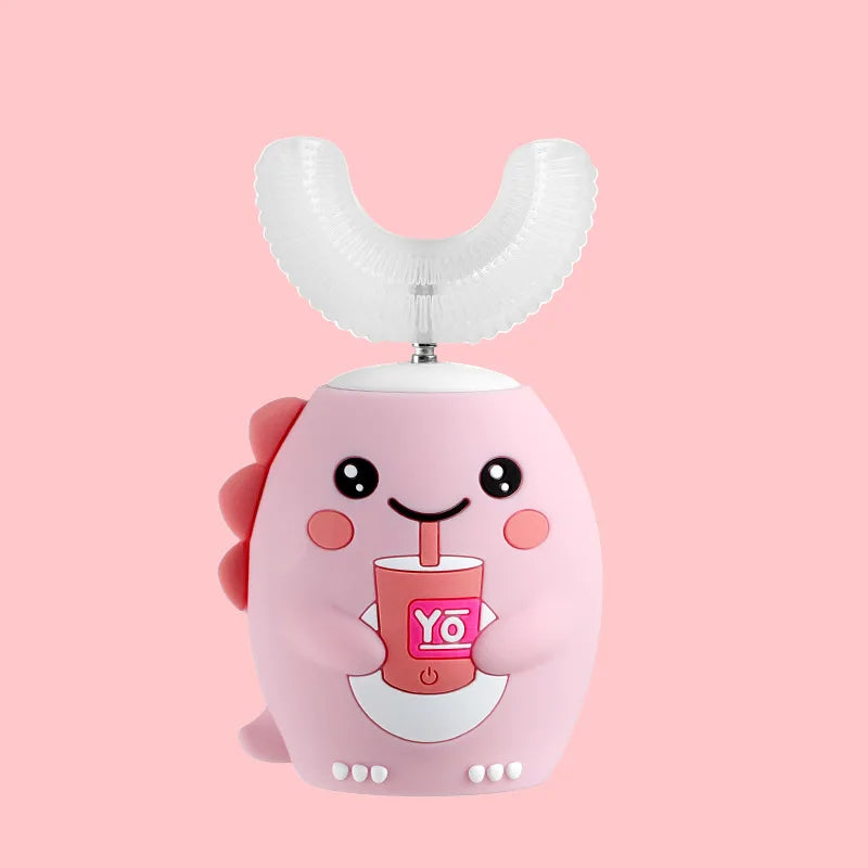A pink, cute, U-shaped electric toothbrush for kids with a lid and a cup design.