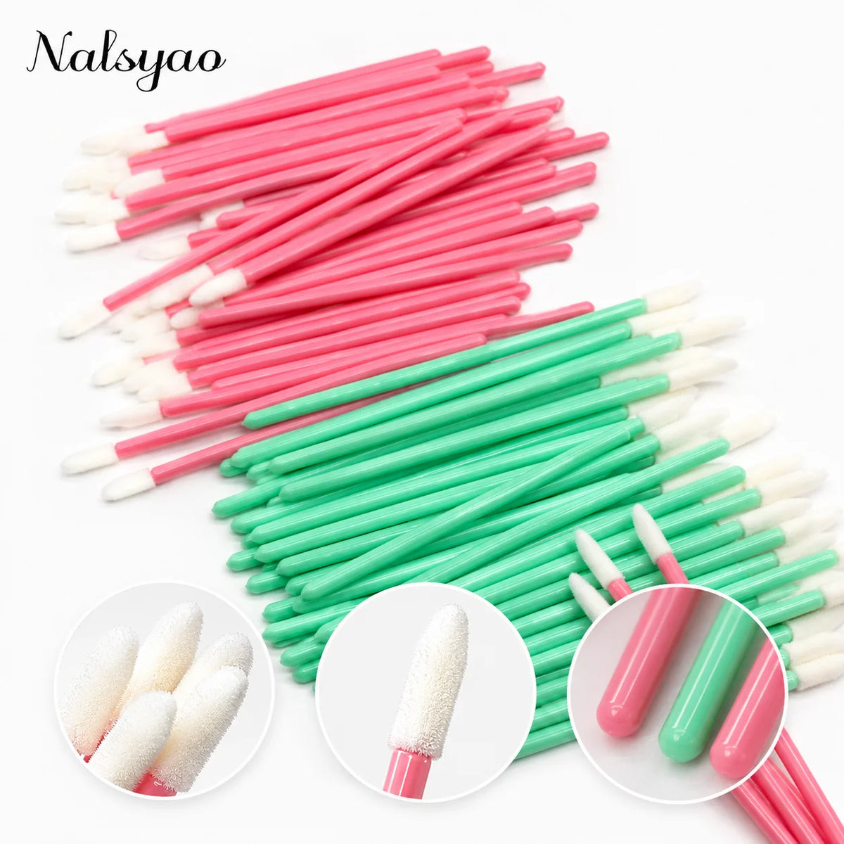 A set of 50 pink and green disposable lip applicator brushes with white tips shown in various angles.