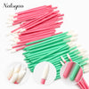 A set of 50 pink and green disposable lip applicator brushes with white tips shown in various angles.