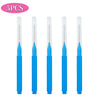 A set of five mini brow and eyelash combs in blue and clear packaging.